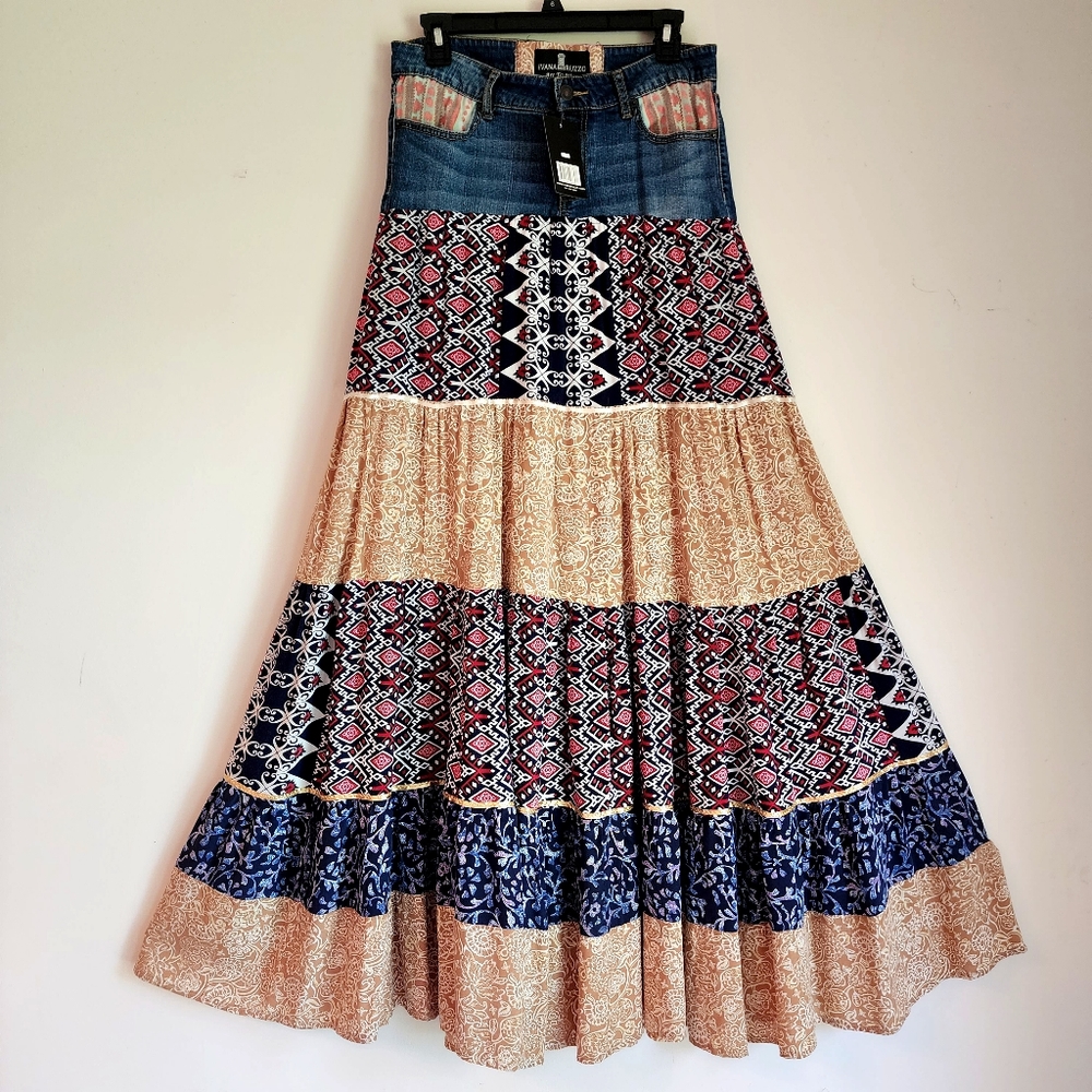 Maxi Skirt Upcycle Cotton Denim Authentic Boho european Cotton Patched denim